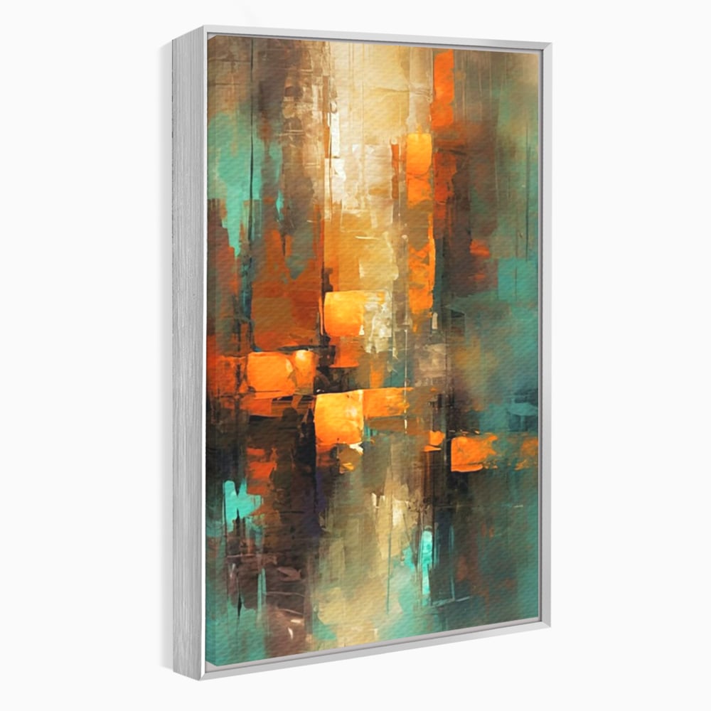 Tablou canvas cu pictura abstracta cu linii verticale, in rama de aluminiu argintiu